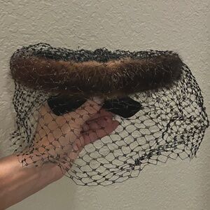 Mink Mahogany Brown Velvet Headband Hat with Blusher